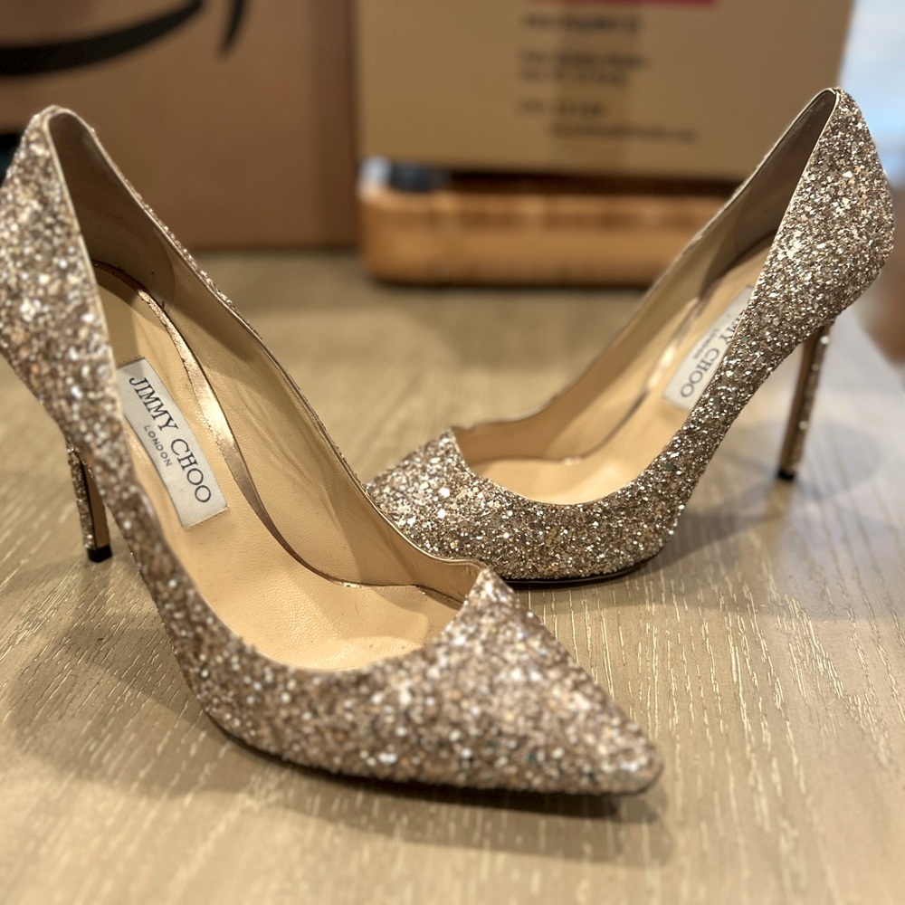 COPY - Jimmy Choo Romy 85mm Rose Gold Glitter Pump Sz 40
